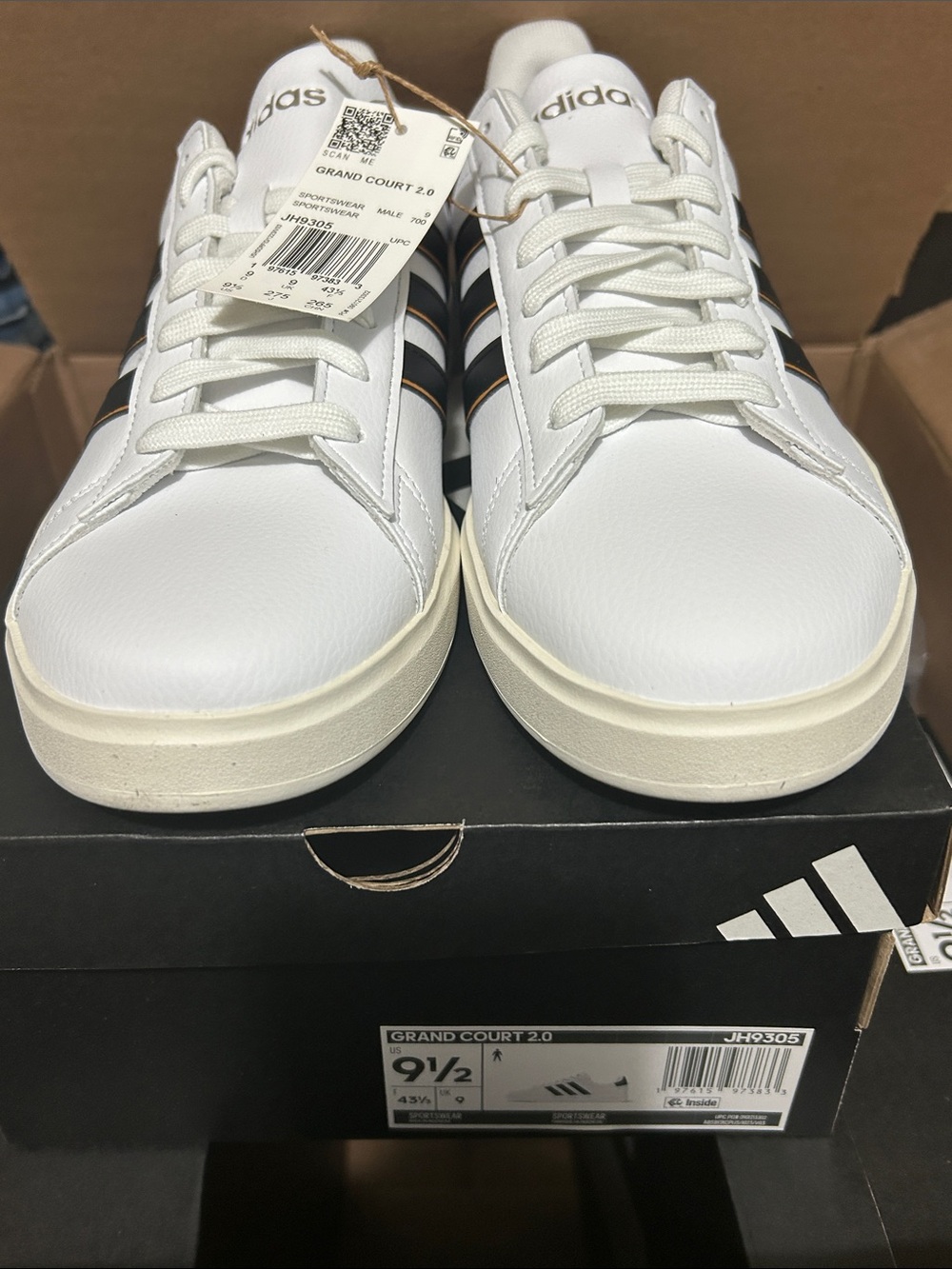 adidas White Sneakers with Black Stripes and Gold Trim